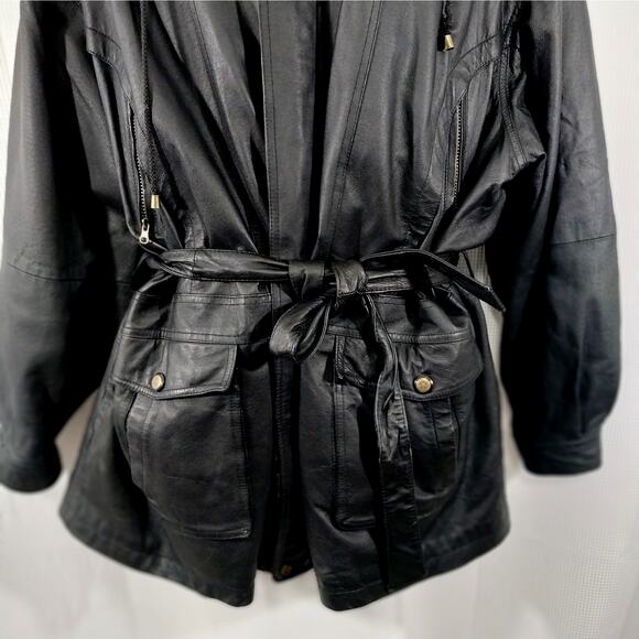 PRESTIGE LEATHER! BLACK GENUINE LEATHER BELTED WAIST HOODIE COAT, JACKET! SZ 2XL - Picture 6 of 15